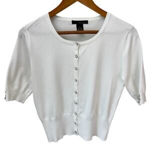 GRACE Sweater Womens M White Short Sleeve Cardigan Faux Pearl Buttons